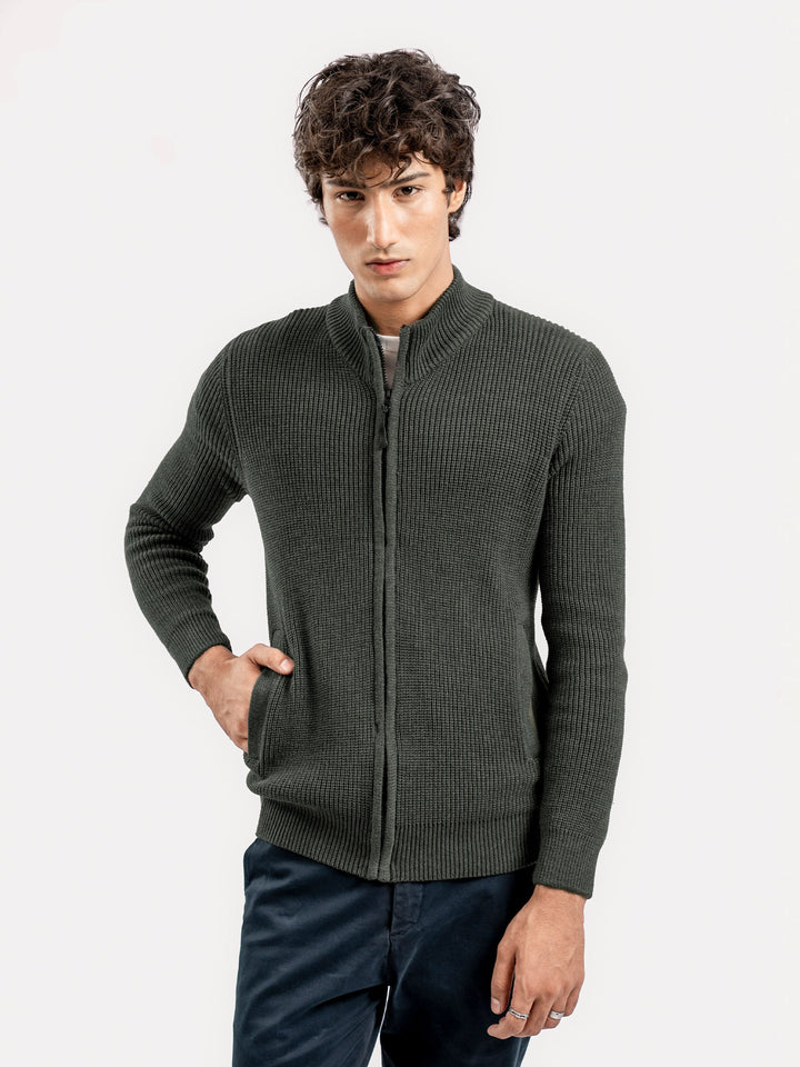 Brumano Ready To Wear Solids Cotton 1 Piece Men Olive Green Knitted Chunky Zipper Jacket 0-25-025-4759 - Winter Collection