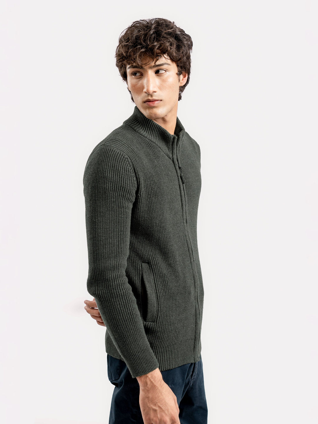 Brumano Ready To Wear Solids Cotton 1 Piece Men Olive Green Knitted Chunky Zipper Jacket 0-25-025-4759 - Winter Collection