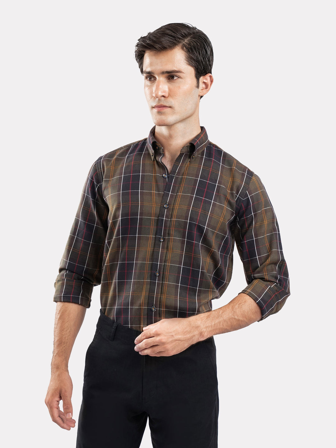 Brumano Mens RTW Solids Cotton Shirt Olive Green Checkered Casual Collection