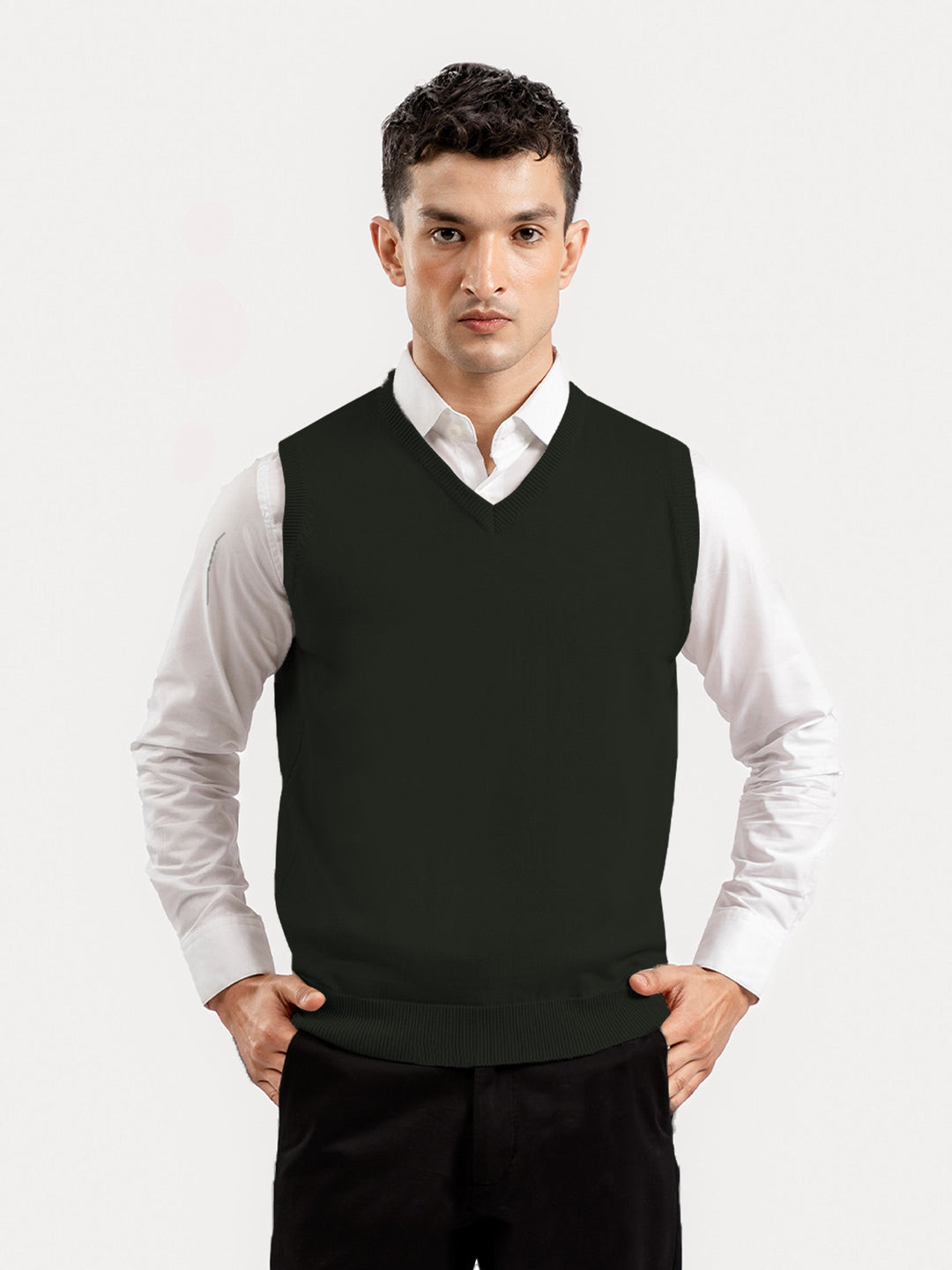 Brumano Mens RTW Solids Cotton 1 Piece Olive Green V-Neck Sweater Winter Collection