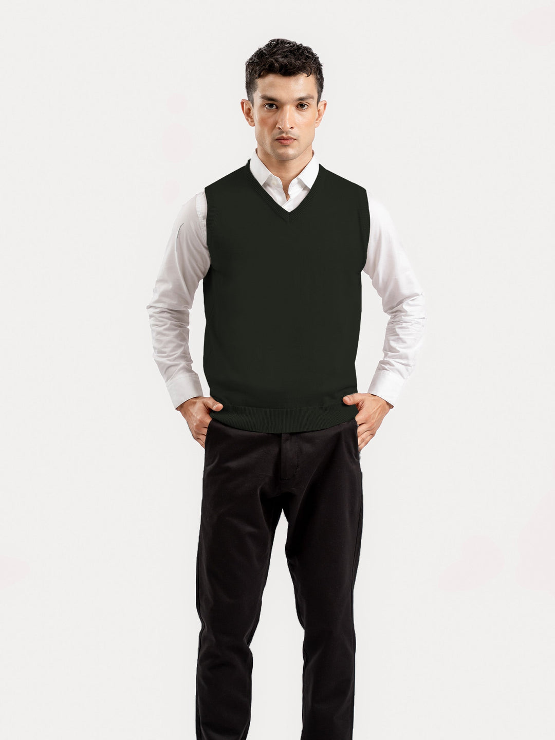 Brumano Mens RTW Solids Cotton 1 Piece Olive Green V-Neck Sweater Winter Collection
