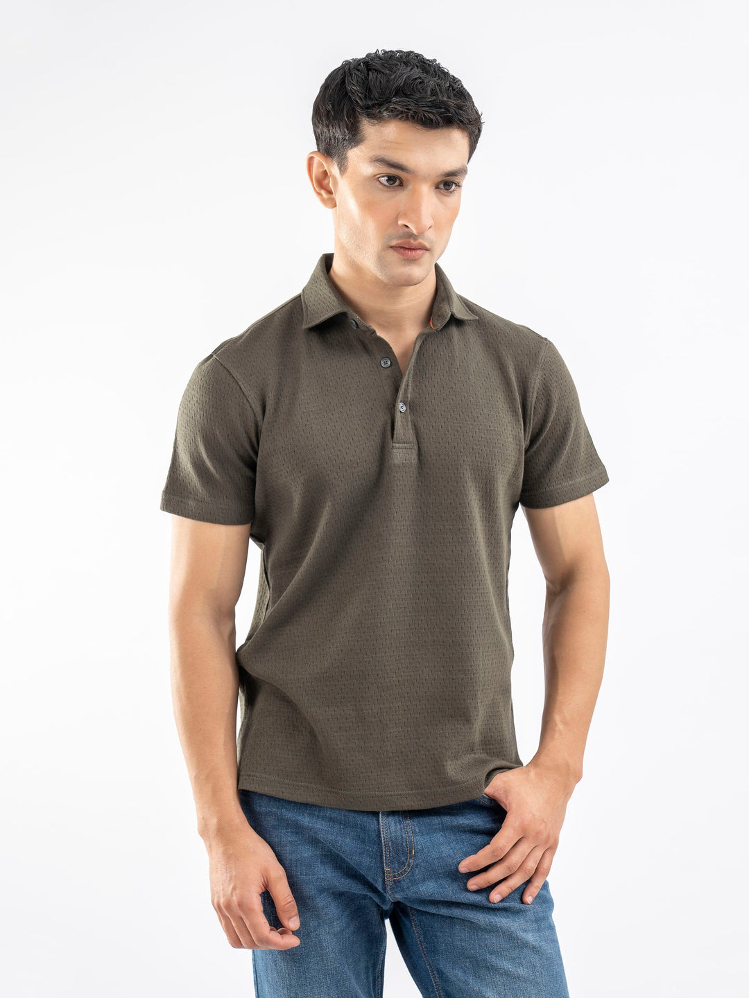 Brumano  Solids Cotton Polo Olive Green Structured Polo With Cutaway Collar