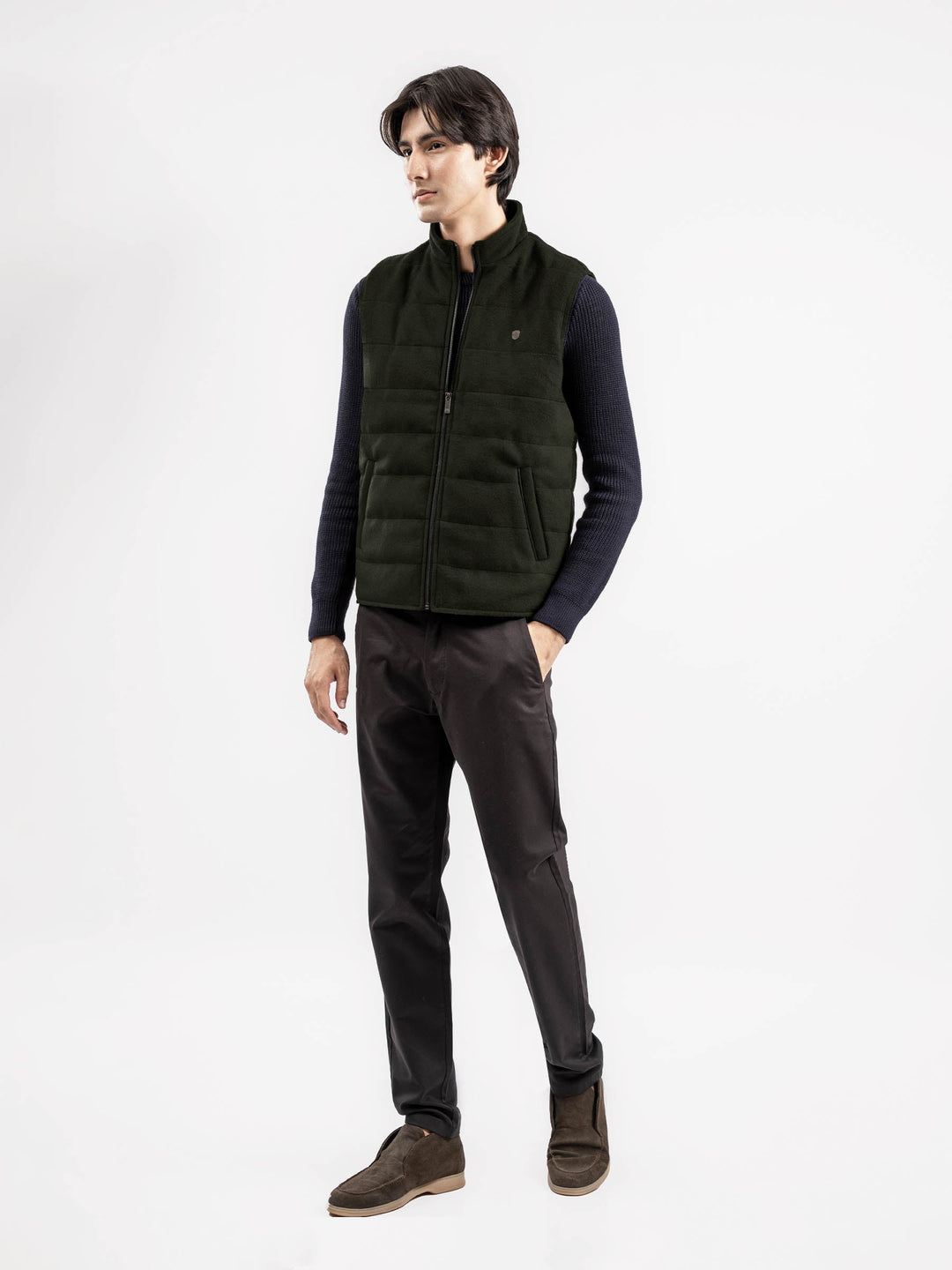 Brumano Mens RTW Solids Poly Jacket Olive Green Sleeveless Zipper Jacket Winter Collection