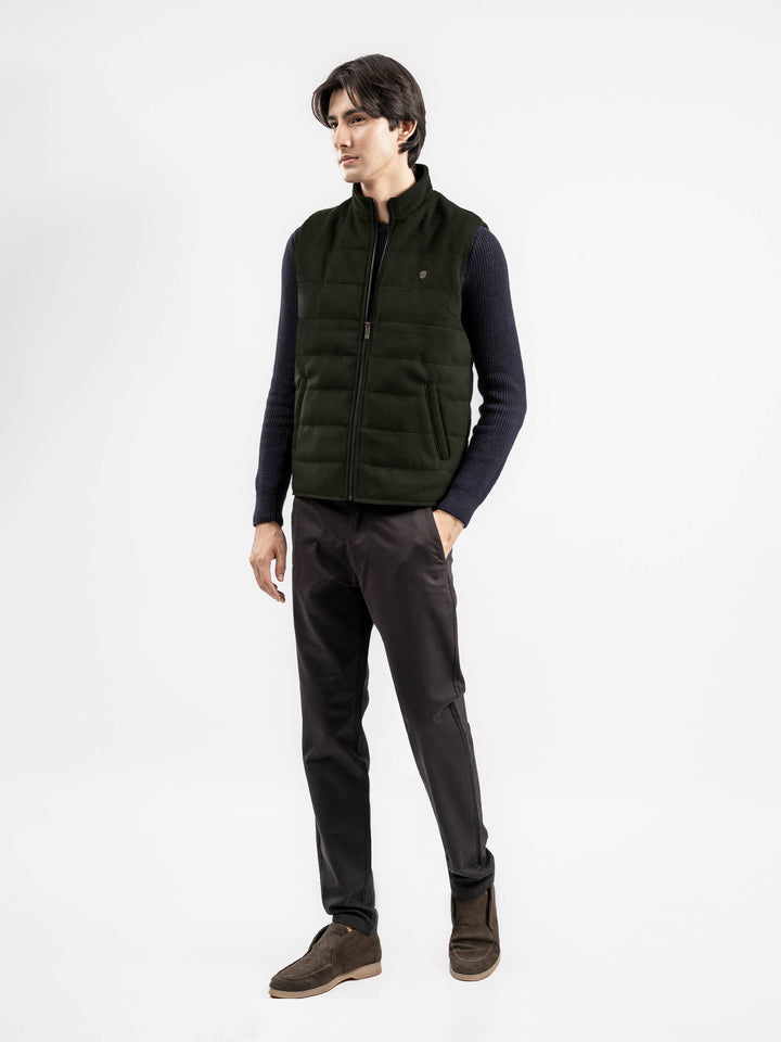 Brumano Mens RTW Solids Poly Jacket Olive Green Sleeveless Zipper Jacket Winter Collection