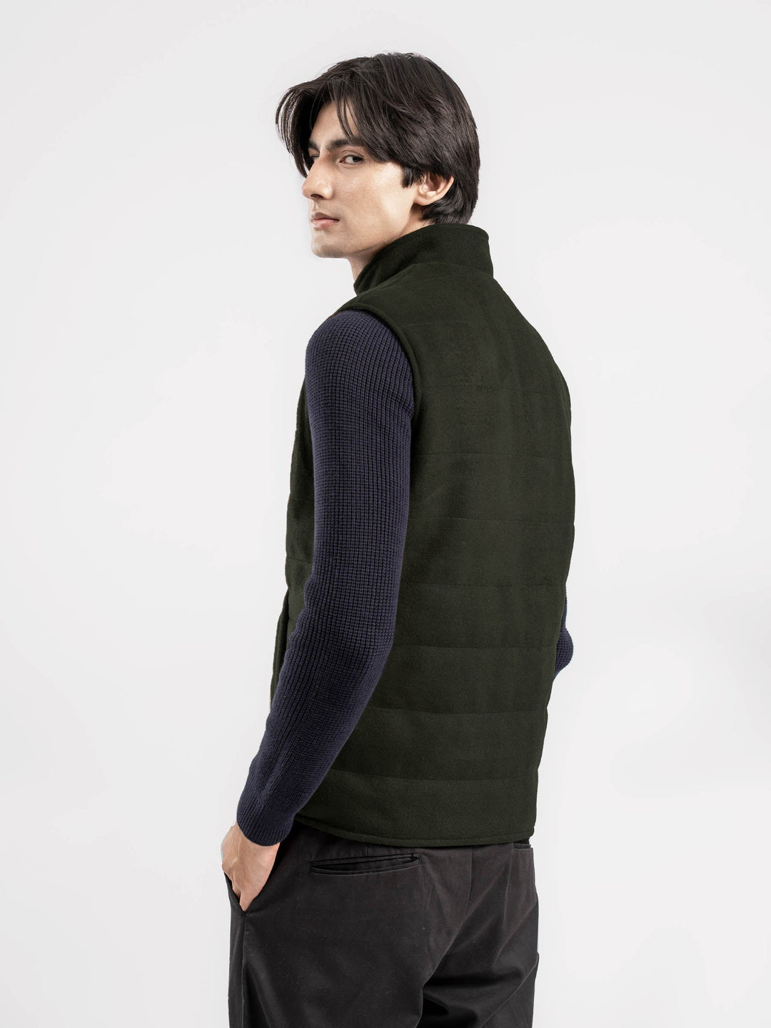 Brumano Mens RTW Solids Poly Jacket Olive Green Sleeveless Zipper Jacket Winter Collection