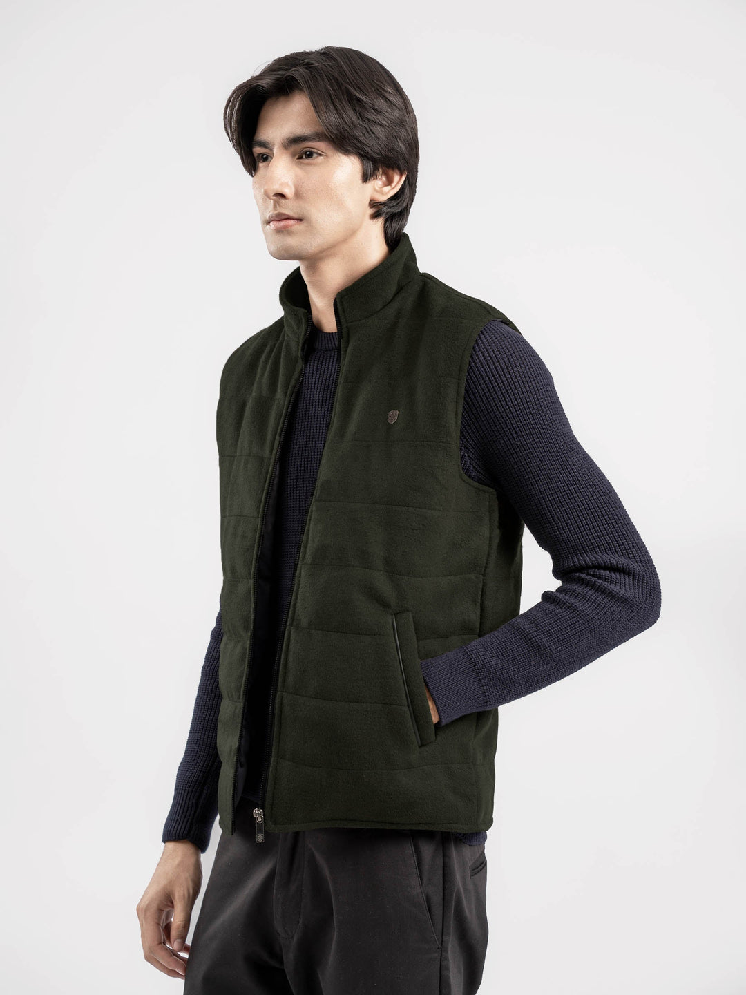 Brumano Mens RTW Solids Poly Jacket Olive Green Sleeveless Zipper Jacket Winter Collection