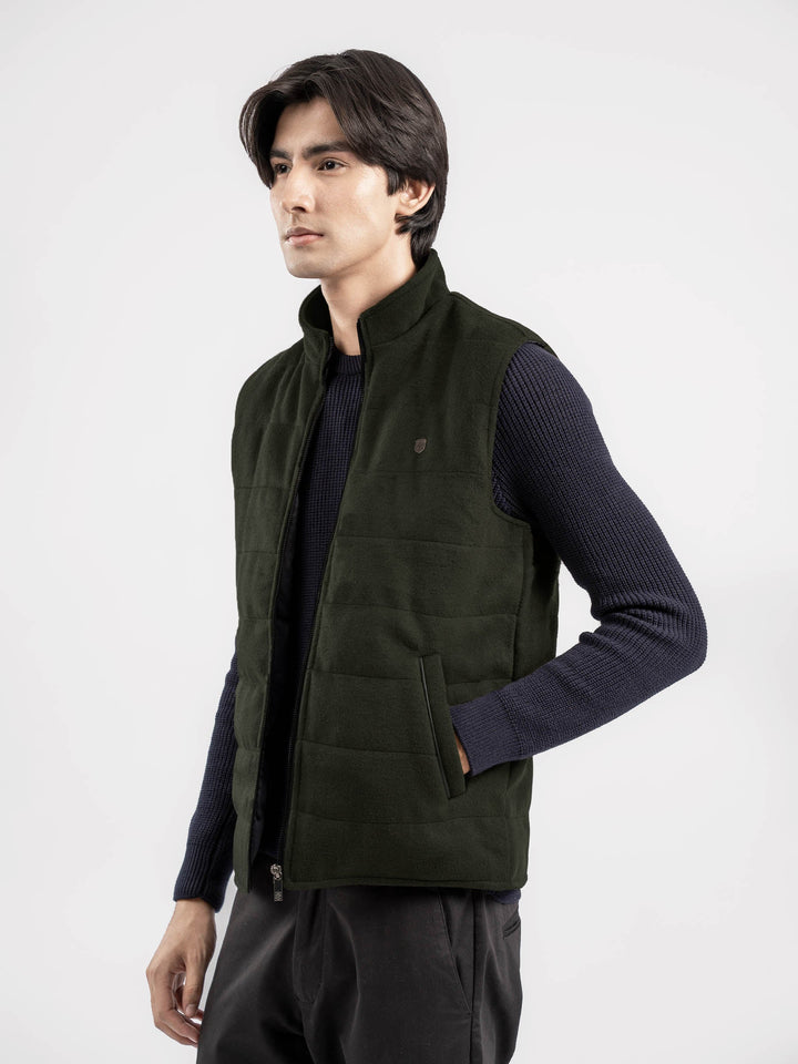 Brumano Ready To Wear Solids Cotton 1 Piece Men Olive Green Wool Sleeveless Zipper Jacket 0-12-025-4331 - Winter Collection