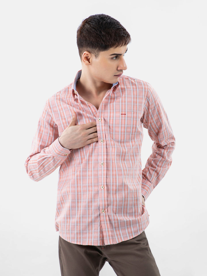 Brumano Ready To Wear Shirts Men 1 Piece Cotton Orange Checkered Shirt With Collar Detailing 0-31-024-3232 - Summer Collection