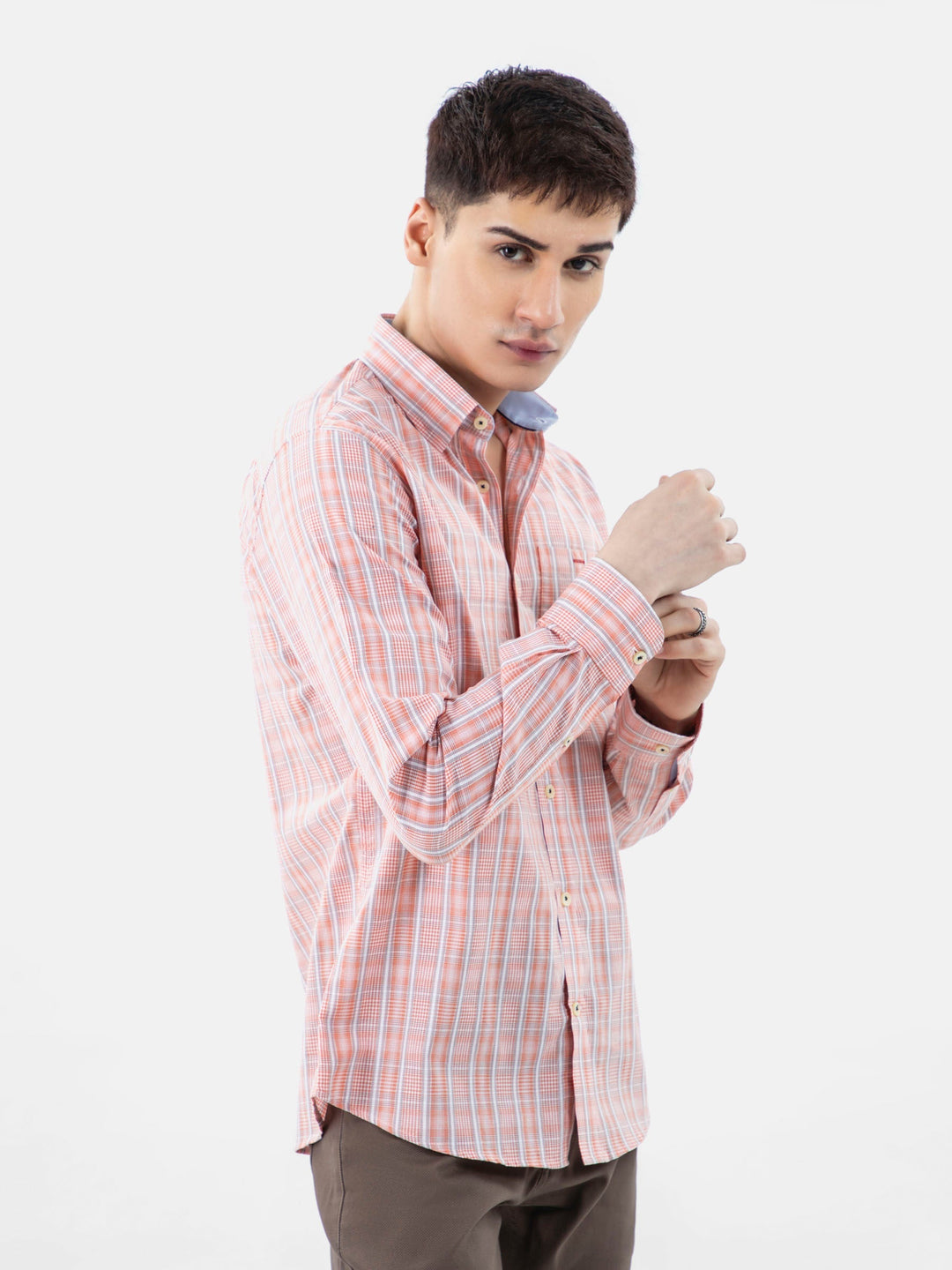 Brumano Ready To Wear Shirts Men 1 Piece Cotton Orange Checkered Shirt With Collar Detailing 0-31-024-3232 - Summer Collection