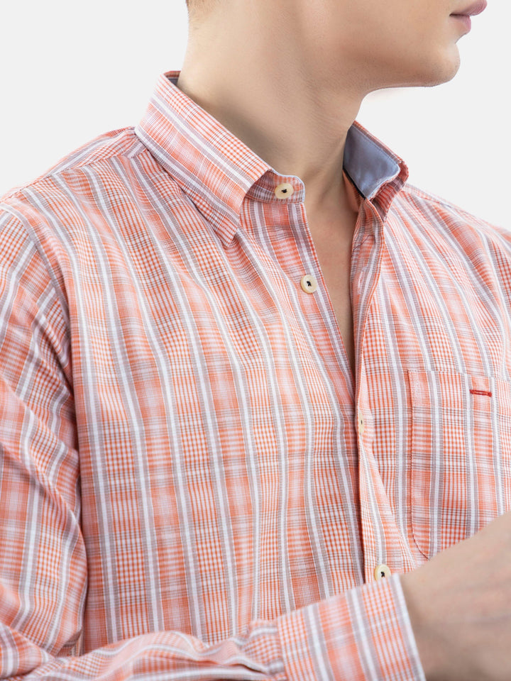 Brumano Ready To Wear Shirts Men 1 Piece Cotton Orange Checkered Shirt With Collar Detailing 0-31-024-3232 - Summer Collection