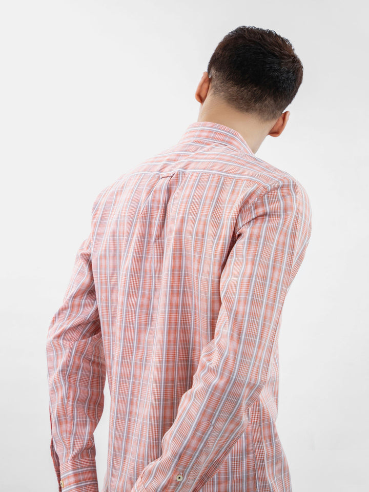 Brumano Ready To Wear Shirts Men 1 Piece Cotton Orange Checkered Shirt With Collar Detailing 0-31-024-3232 - Summer Collection