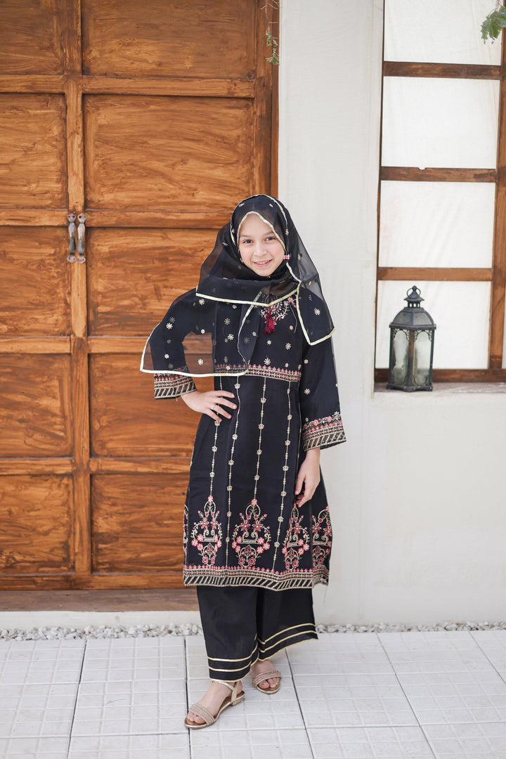 Saheli by Suntex Fabrics Girls RTW Embroidered Organza 3 Piece Suit Pishwas Black Festive Collection