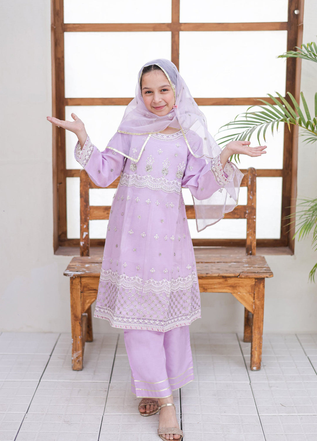 Saheli by Suntex Fabrics Girls RTW Embroidered Organza 3 Piece Suit Pishwas Lilac-03 Festive Collection