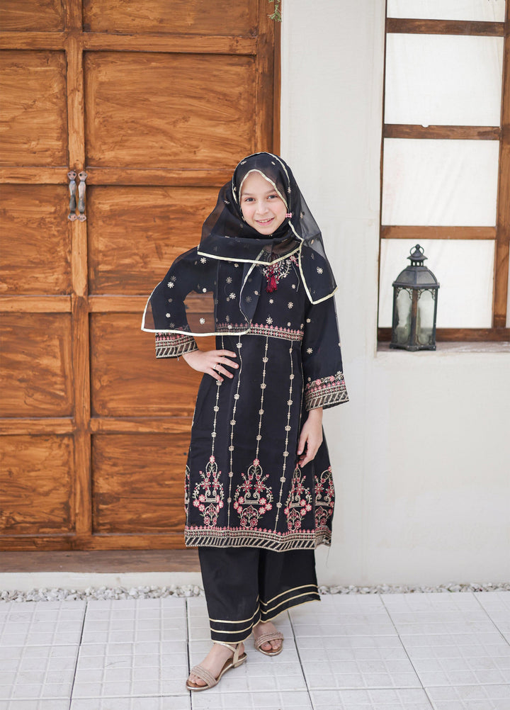 Saheli by Suntex Fabrics Girls RTW Embroidered Organza 3 Piece Suit Pishwas Black Festive Collection