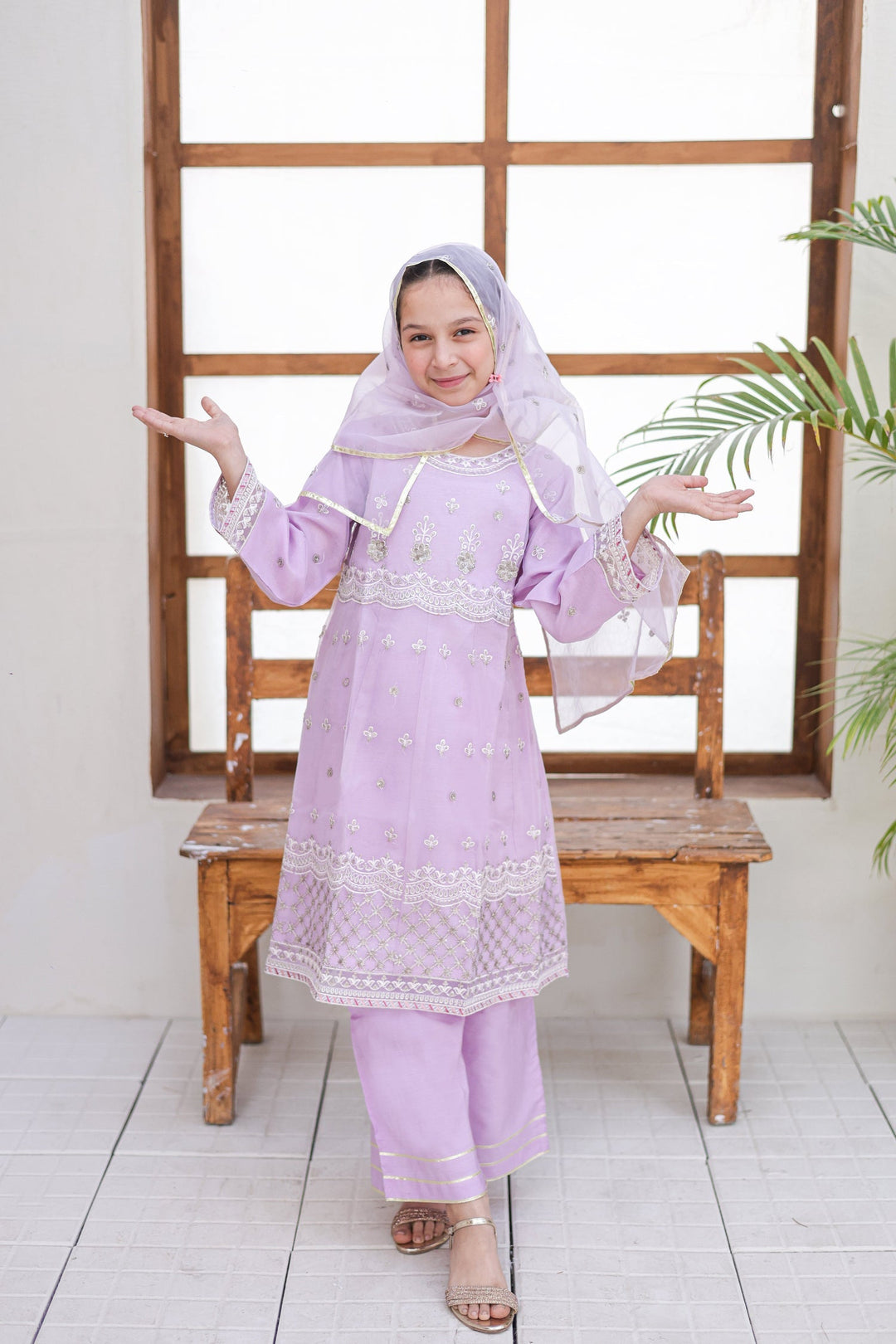 Saheli by Suntex Fabrics Girls RTW Embroidered Organza 3 Piece Suit Pishwas Lilac-03 Festive Collection