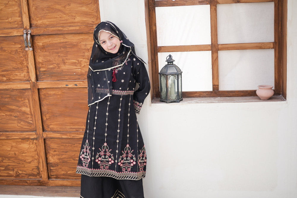 Saheli by Suntex Fabrics Girls RTW Embroidered Organza 3 Piece Suit Pishwas Black Festive Collection