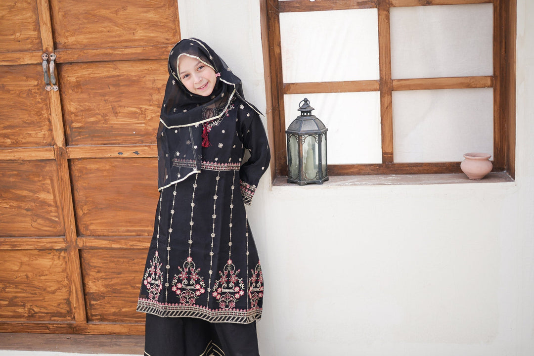 Saheli by Suntex Fabrics Girls RTW Embroidered Organza 3 Piece Suit Pishwas Black Festive Collection