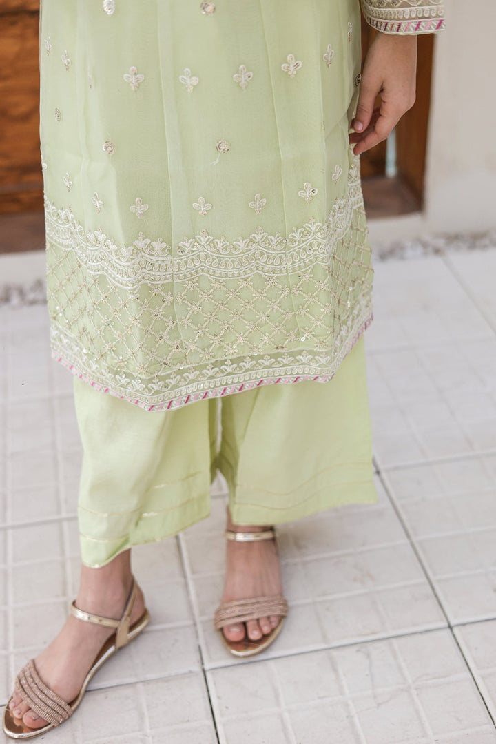 Saheli by Suntex Fabrics Girls RTW Embroidered Organza 3 Piece Suit Pishwas Pista Green Festive Collection