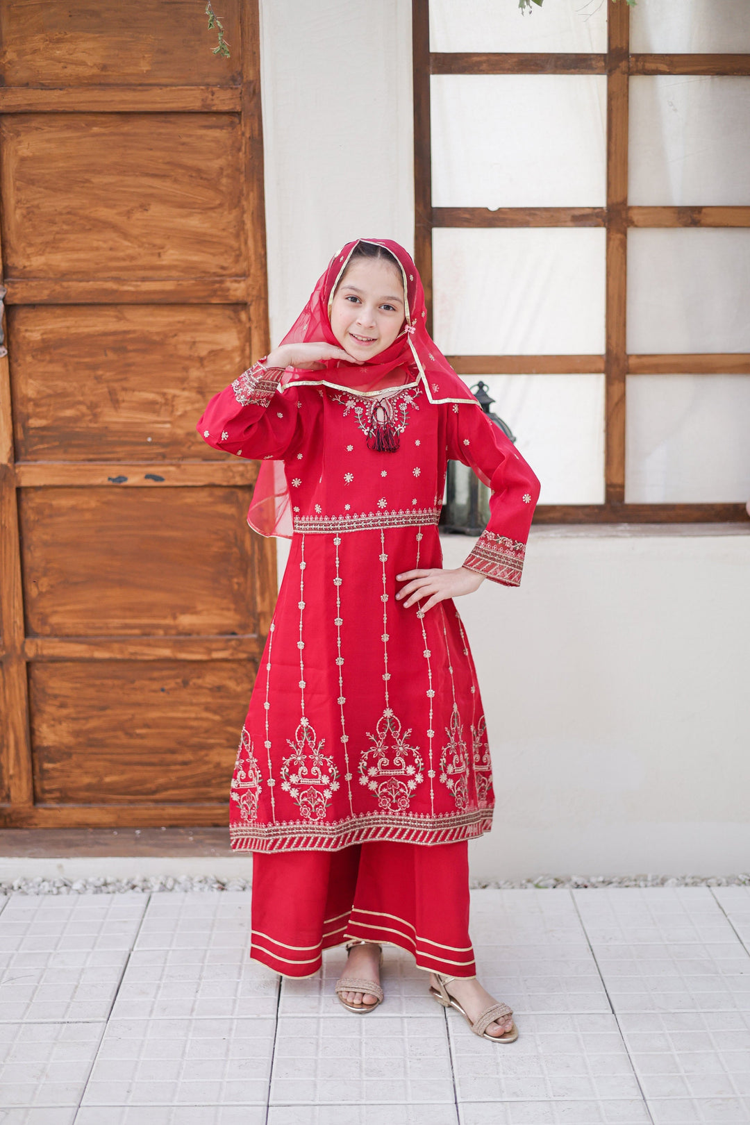 Saheli by Suntex Fabrics Girls RTW Embroidered Organza 3 Piece Suit Pishwas Raspberry Festive Collection