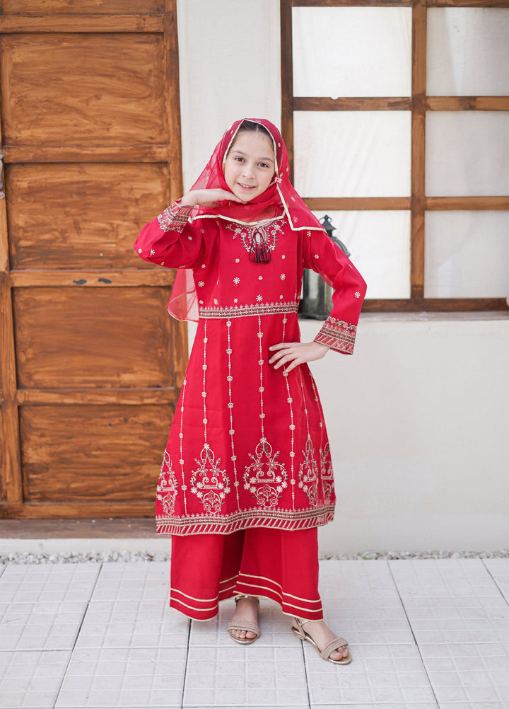 Saheli by Suntex Fabrics Girls RTW Embroidered Organza 3 Piece Suit Pishwas Raspberry Festive Collection