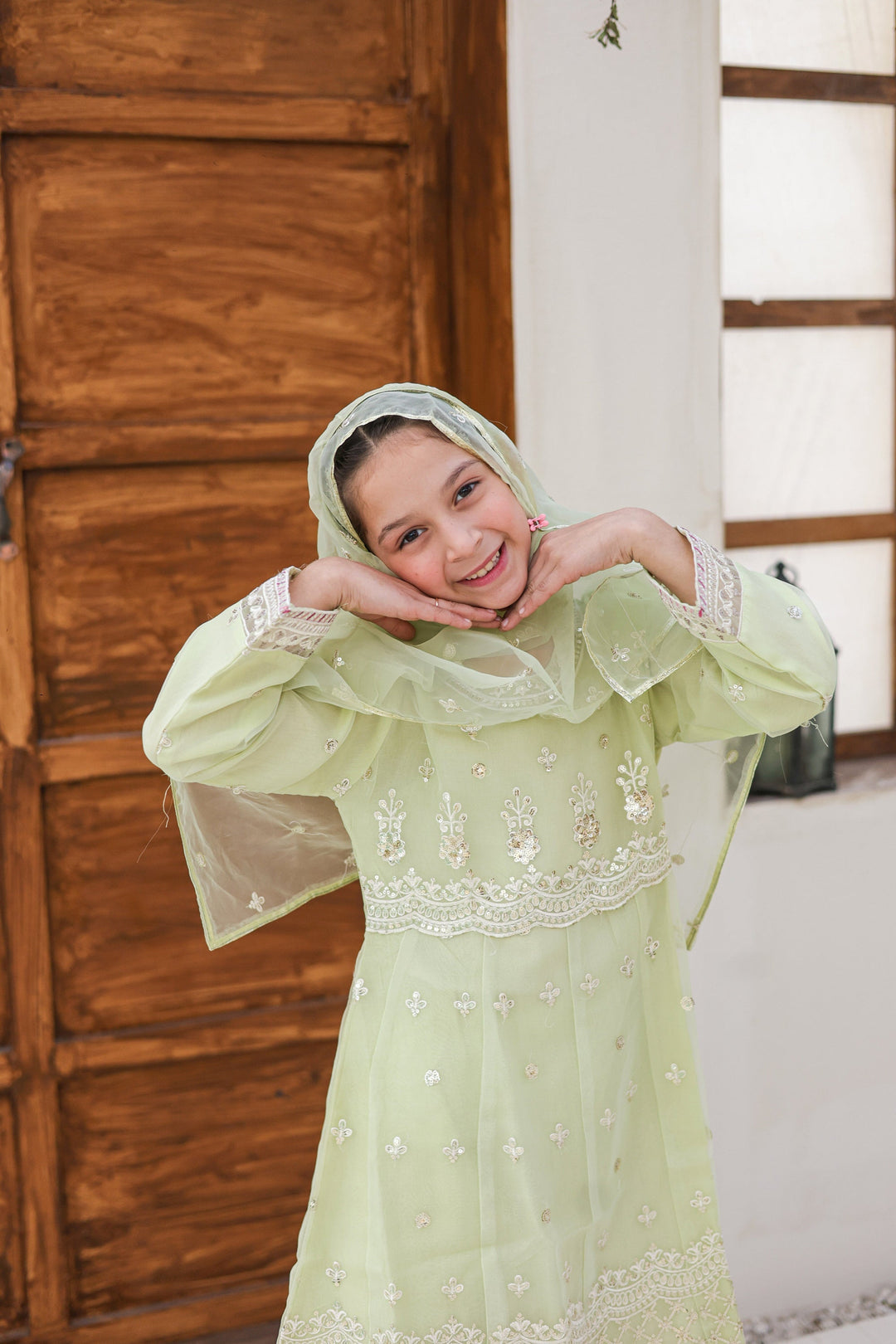 Saheli by Suntex Fabrics Girls RTW Embroidered Organza 3 Piece Suit Pishwas Pista Green Festive Collection