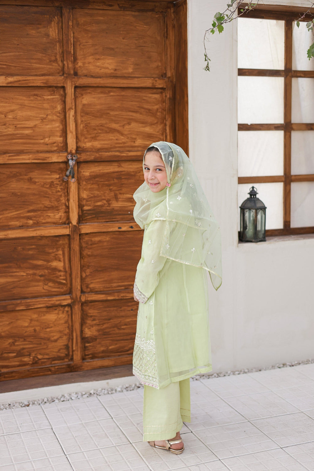 Saheli by Suntex Fabrics Girls RTW Embroidered Organza 3 Piece Suit Pishwas Pista Green Festive Collection