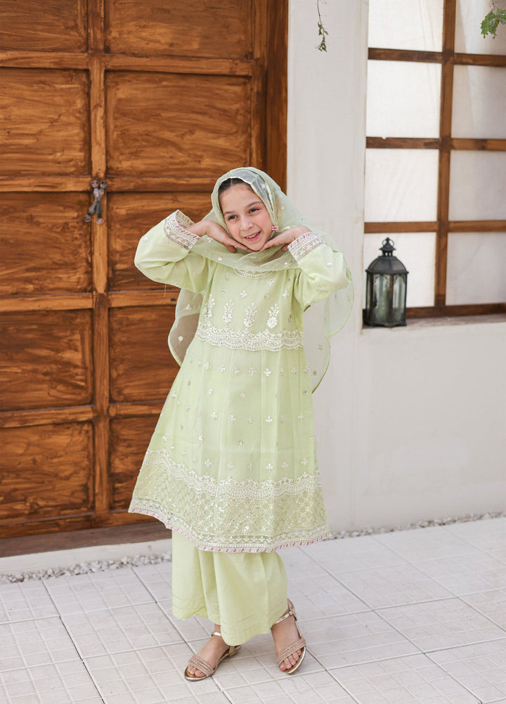 Saheli by Suntex Fabrics Girls RTW Embroidered Organza 3 Piece Suit Pishwas Pista Green Festive Collection