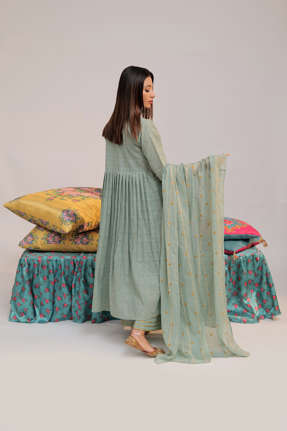 Senorita Women RTW Women Embroidered Green and Gold Casual plus 3 Piece Suit Cotton Yarn dyed Jacquard LBD-02560 - Summer Collection