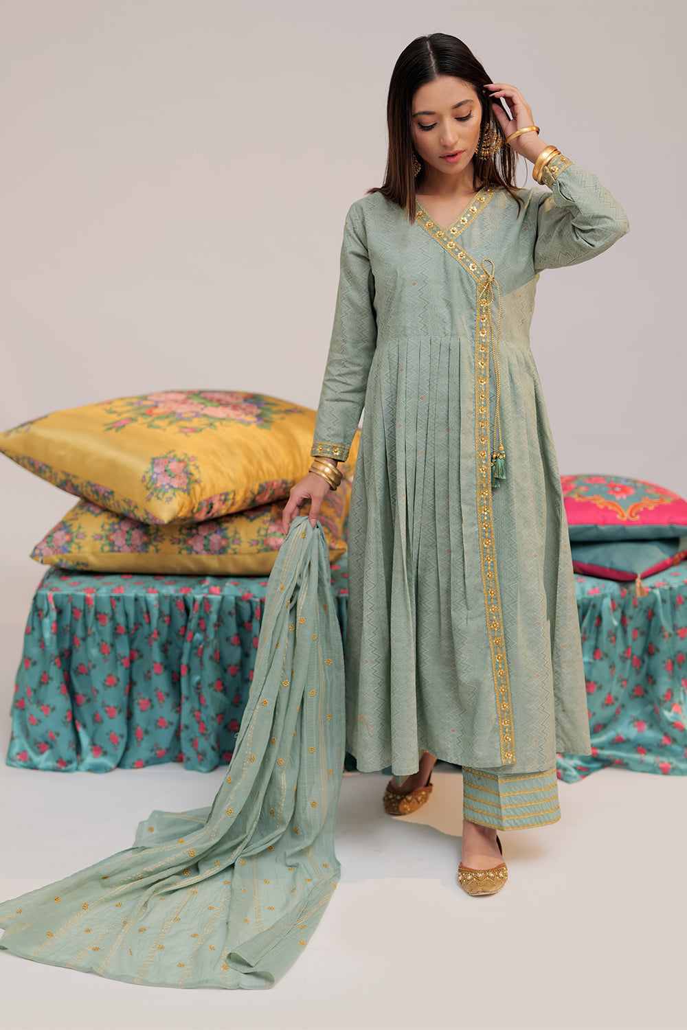 Senorita Women RTW Women Embroidered Green and Gold Casual plus 3 Piece Suit Cotton Yarn dyed Jacquard LBD-02560 - Summer Collection