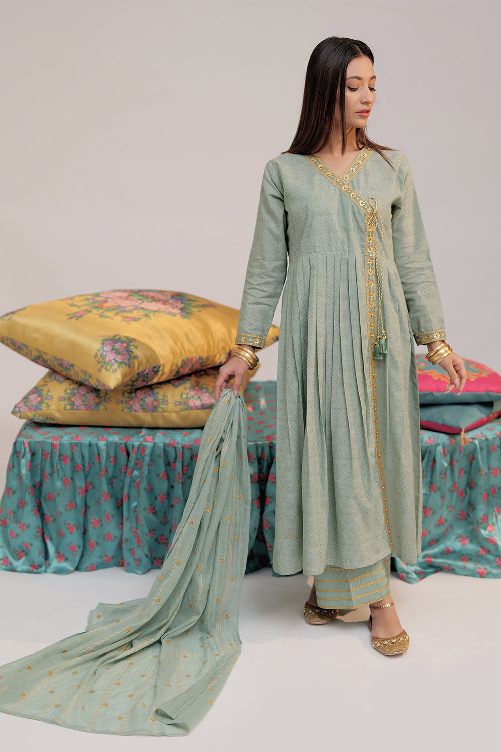 Senorita Women RTW Women Embroidered Green and Gold Casual plus 3 Piece Suit Cotton Yarn dyed Jacquard LBD-02560 - Summer Collection