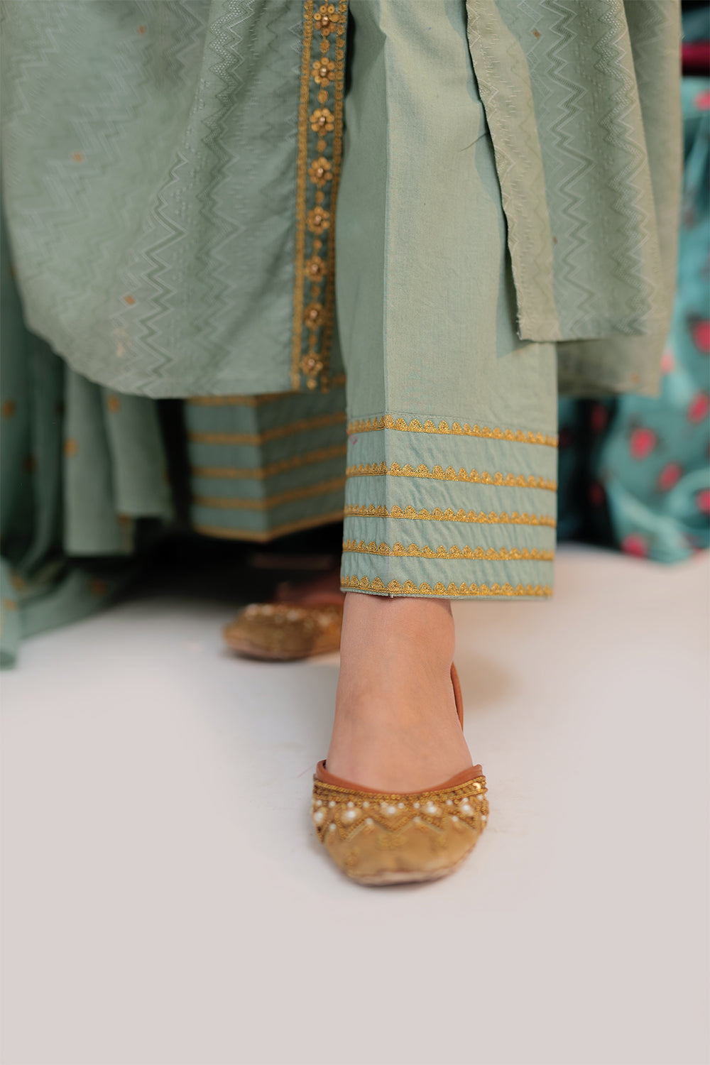 Senorita Women RTW Women Embroidered Green and Gold Casual plus 3 Piece Suit Cotton Yarn dyed Jacquard LBD-02560 - Summer Collection