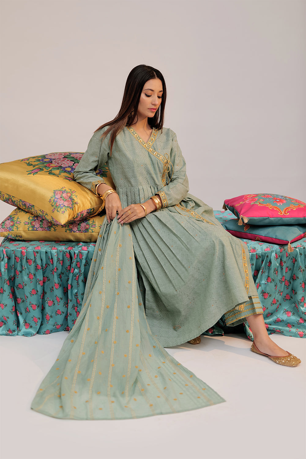 Senorita Women RTW Women Embroidered Green and Gold Casual plus 3 Piece Suit Cotton Yarn dyed Jacquard LBD-02560 - Summer Collection