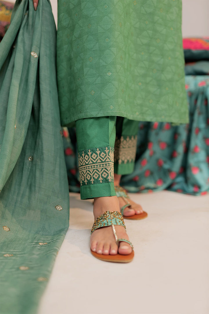 Senorita Women RTW Women Embroidered Green and Gold Casual plus 3 Piece Suit Cotton Yarn dyed Jacquard LBD-02565 - Summer Collection