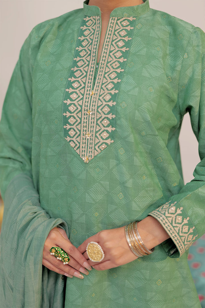 Senorita Women RTW Women Embroidered Green and Gold Casual plus 3 Piece Suit Cotton Yarn dyed Jacquard LBD-02565 - Summer Collection