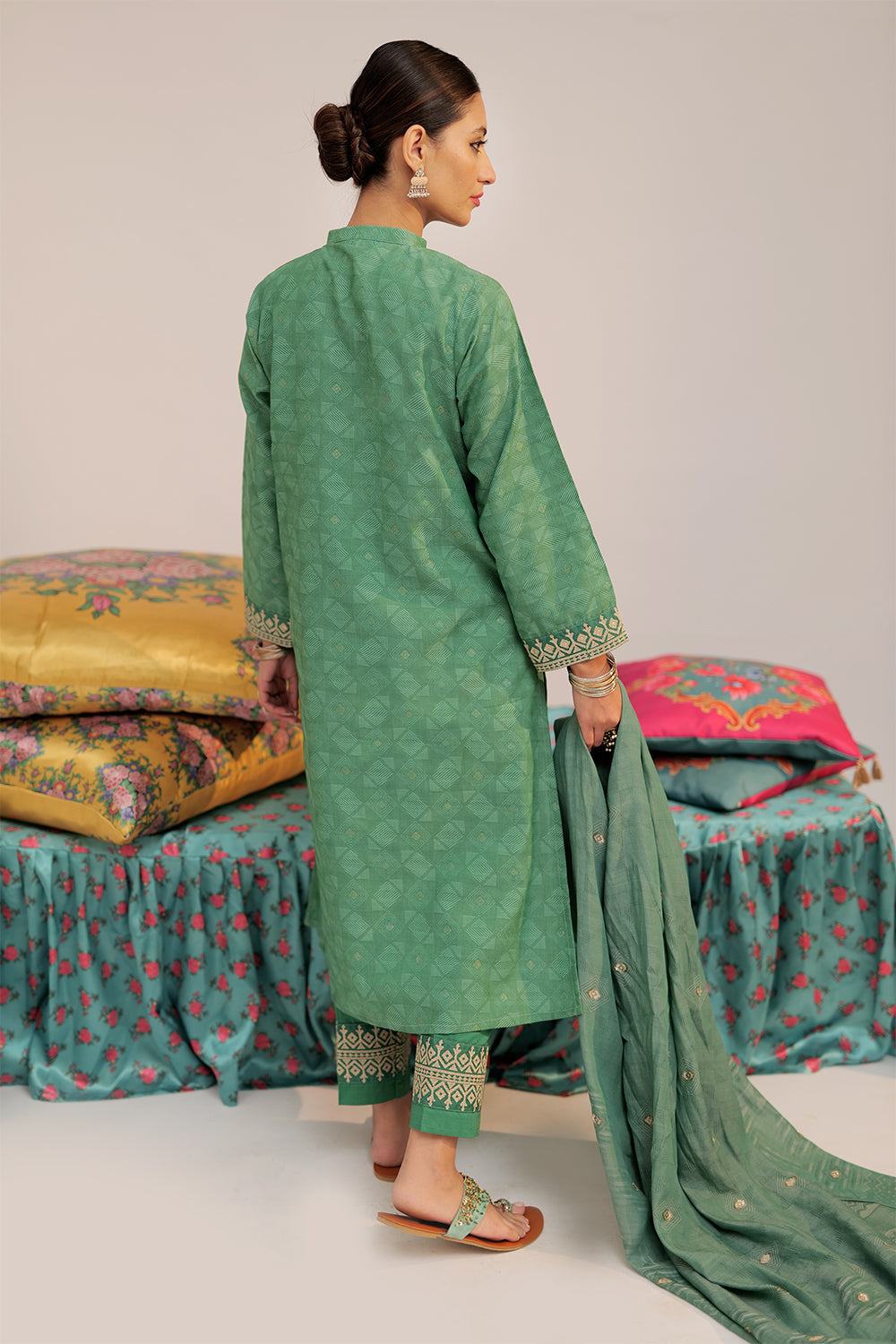 Senorita Women RTW Women Embroidered Green and Gold Casual plus 3 Piece Suit Cotton Yarn dyed Jacquard LBD-02565 - Summer Collection