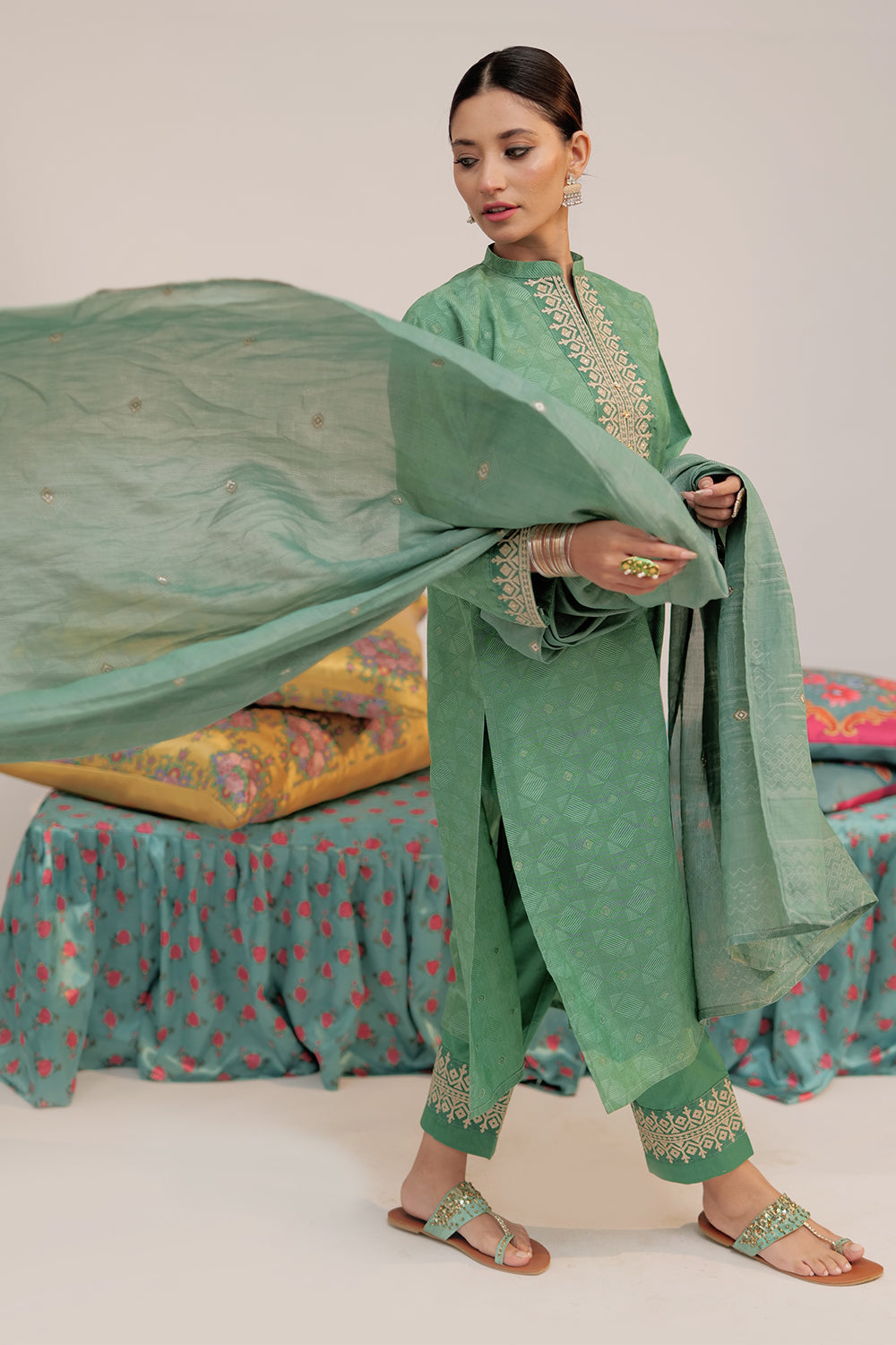 Senorita Women RTW Women Embroidered Green and Gold Casual plus 3 Piece Suit Cotton Yarn dyed Jacquard LBD-02565 - Summer Collection