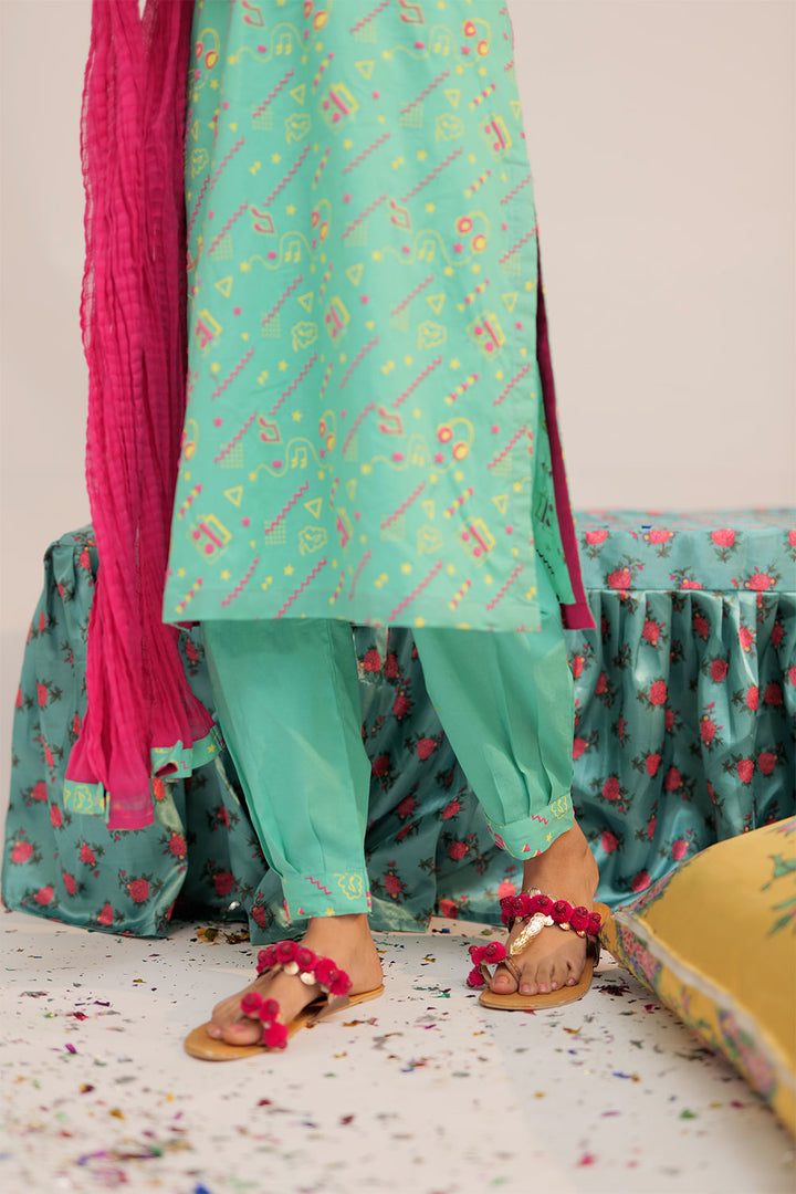 Senorita Girls Ready to Wear Girls Sea Green and Multicolor Casual 3 Piece Suit Cotton Cambric Printed GAD-02546 - Summer Collection