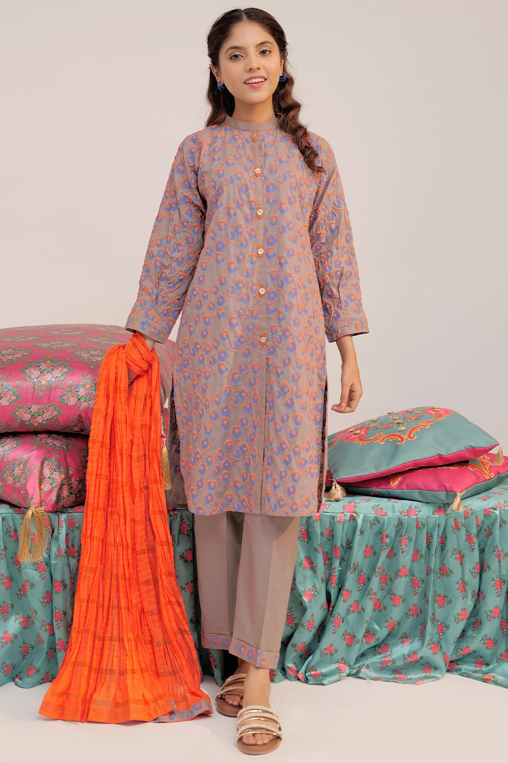 Senorita Girls Ready to Wear Girls Grey and Multicolor Casual 3 Piece Suit Cotton Cambric Printed GAD-02545 - Summer Collection