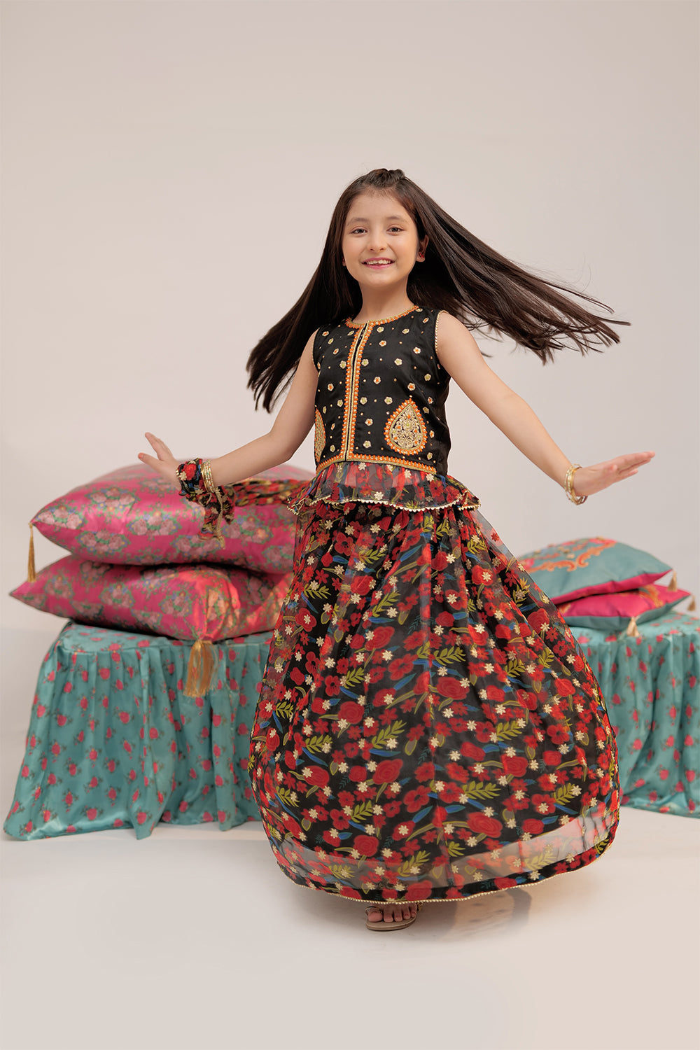 Senorita Kids RTW Green and Multicolor Formal 3 Piece Suit Banarsi Organza Printed KDD-02427 - Winter Collection