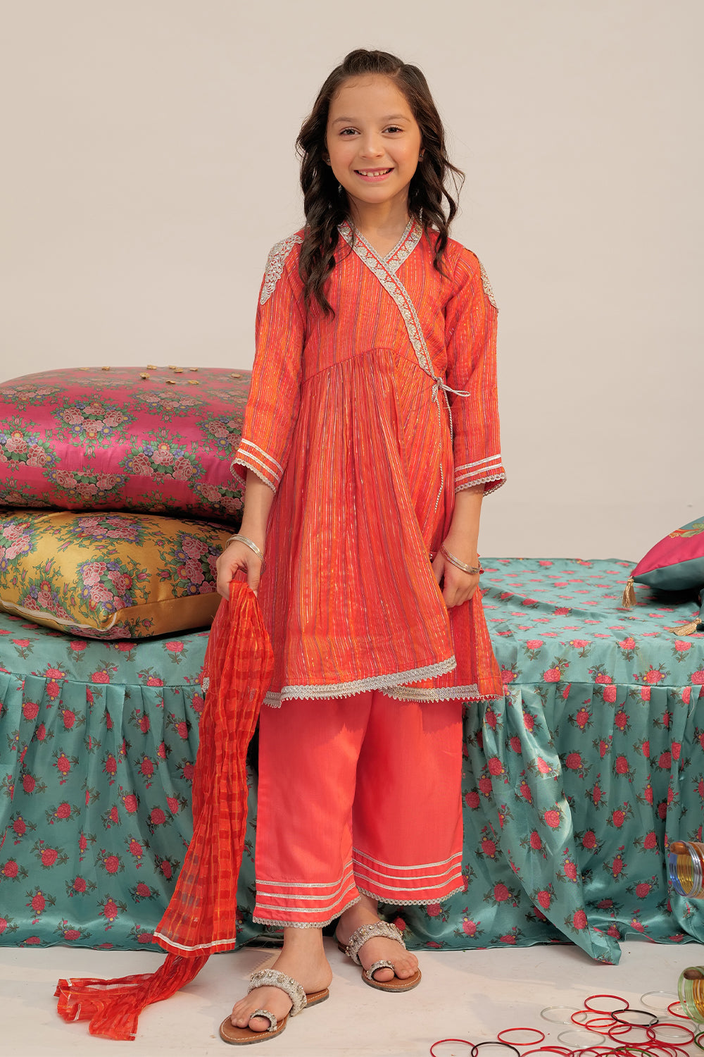 Senorita Kids RTW Peach and Multicolor Formal 3 Piece Suit Banarsi Dobby KDD-02433 - Winter Collection