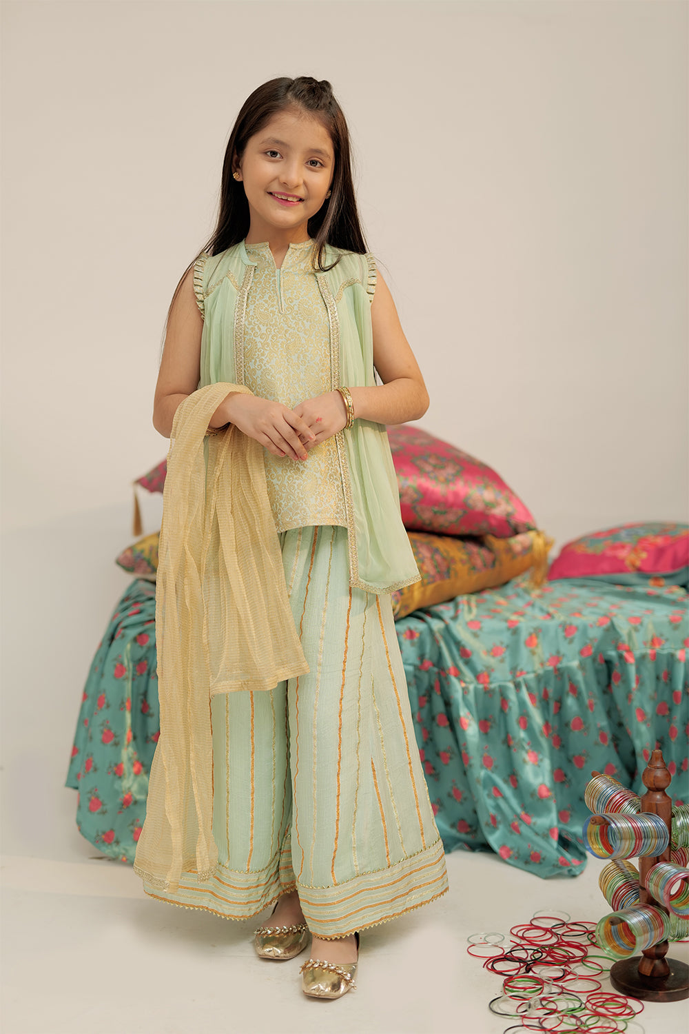 Senorita Kids RTW Light Green and Gold Formal 3 Piece Suit Pure Shafoon Banarsi KDD-02571 - Winter Collection