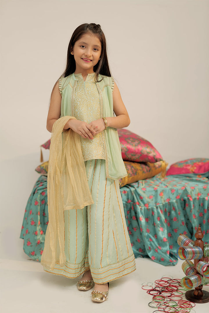 Senorita Kids RTW Light Green and Gold Formal 3 Piece Suit Pure Shafoon Banarsi KDD-02571 - Winter Collection