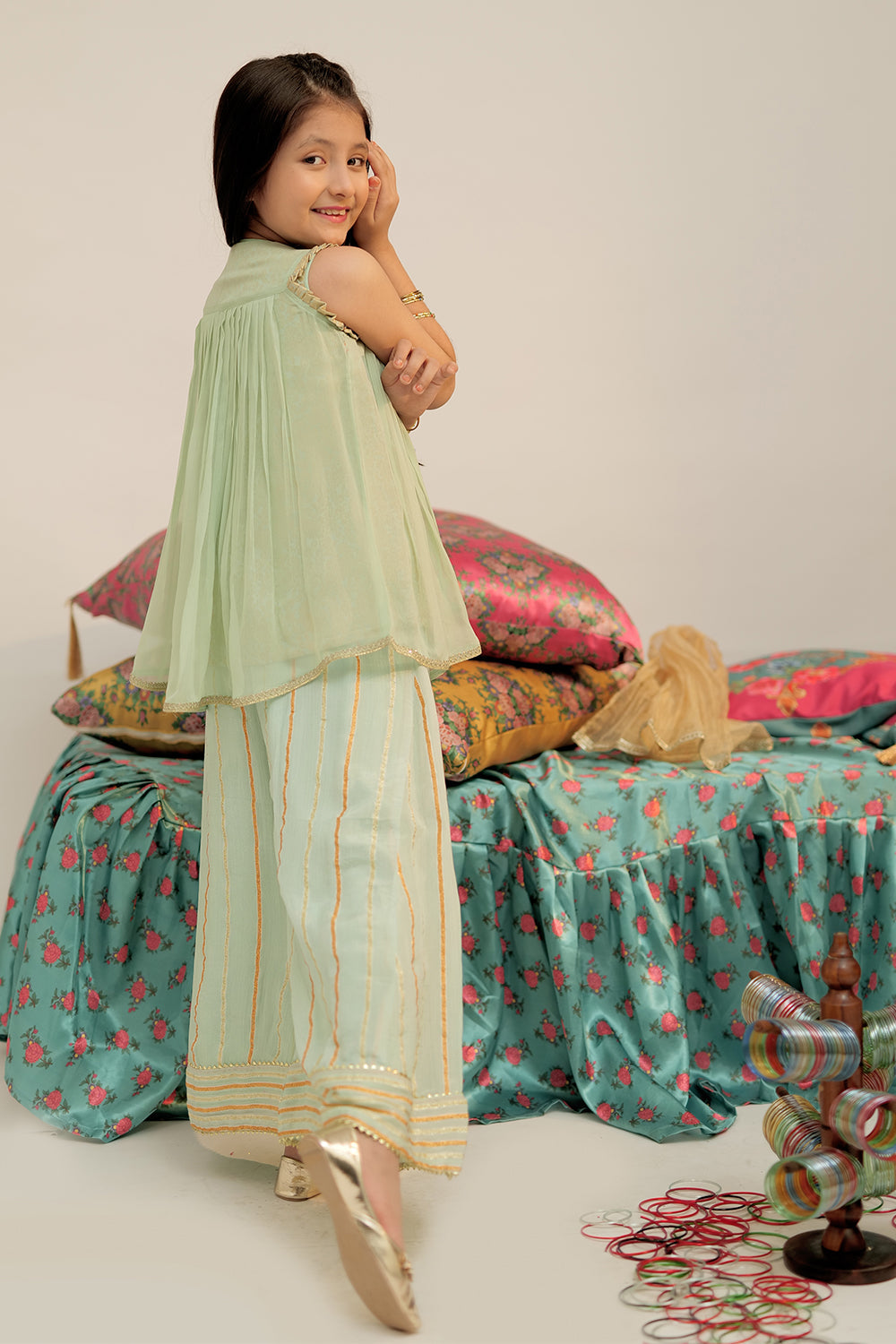 Senorita Kids RTW Light Green and Gold Formal 3 Piece Suit Pure Shafoon Banarsi KDD-02571 - Winter Collection