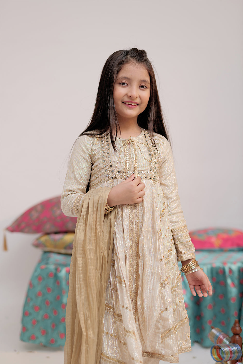 Senorita Kids RTW Fawn and Gold Formal 3 Piece Suit Crinkle Gorged Shimmer KDD-02541 - Winter Collection