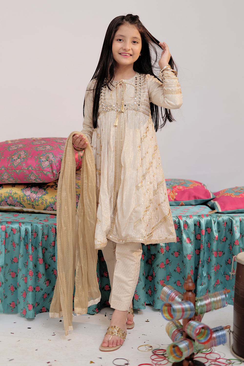 Senorita Kids RTW Fawn and Gold Formal 3 Piece Suit Banarsi Shimmer and Organza tissue KDD-02735 - Winter Collection