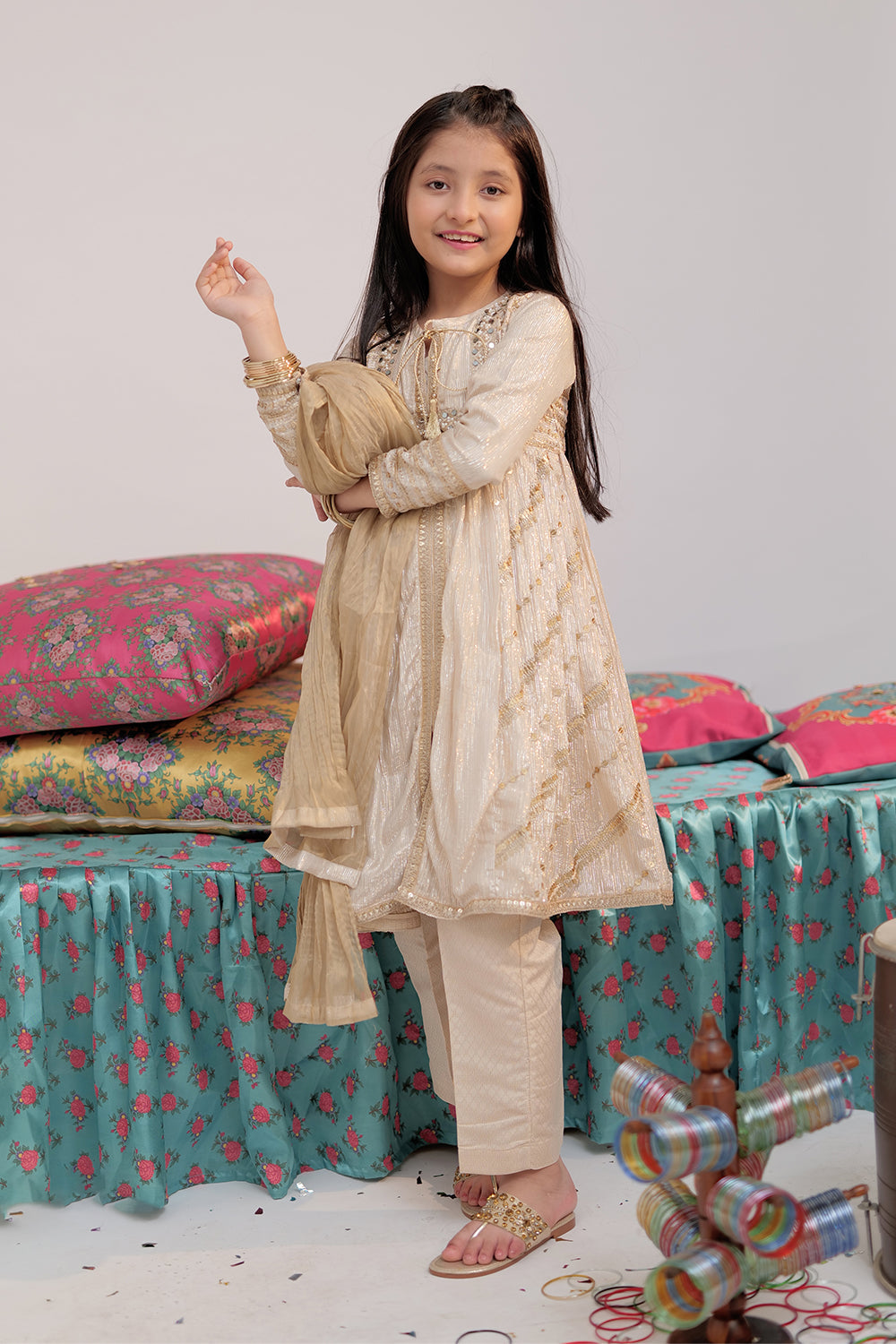 Senorita Kids RTW Fawn and Gold Formal 3 Piece Suit Banarsi Shimmer and Organza tissue KDD-02735 - Winter Collection