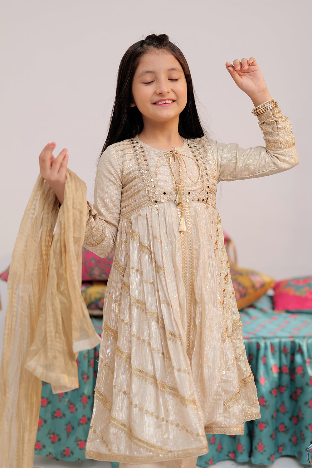 Senorita Kids RTW Fawn and Gold Formal 3 Piece Suit Banarsi Shimmer and Organza tissue KDD-02735 - Winter Collection