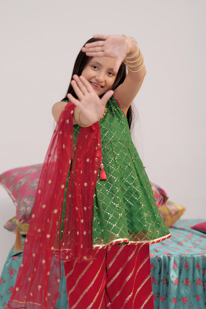 Senorita Kids RTW Green and Red Formal 3 Piece Suit Banarsi Organza KDD-02419 - Winter Collection