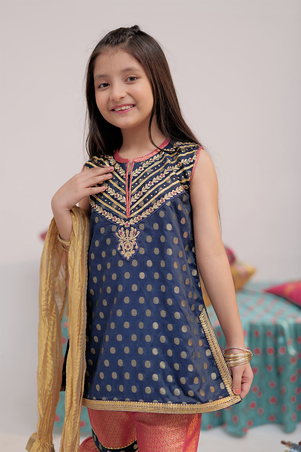 Senorita Kids RTW Navy Blue and Shocking Ping Formal 3 Piece Suit Banarsi Jacquard KDD-02418 - Winter Collection