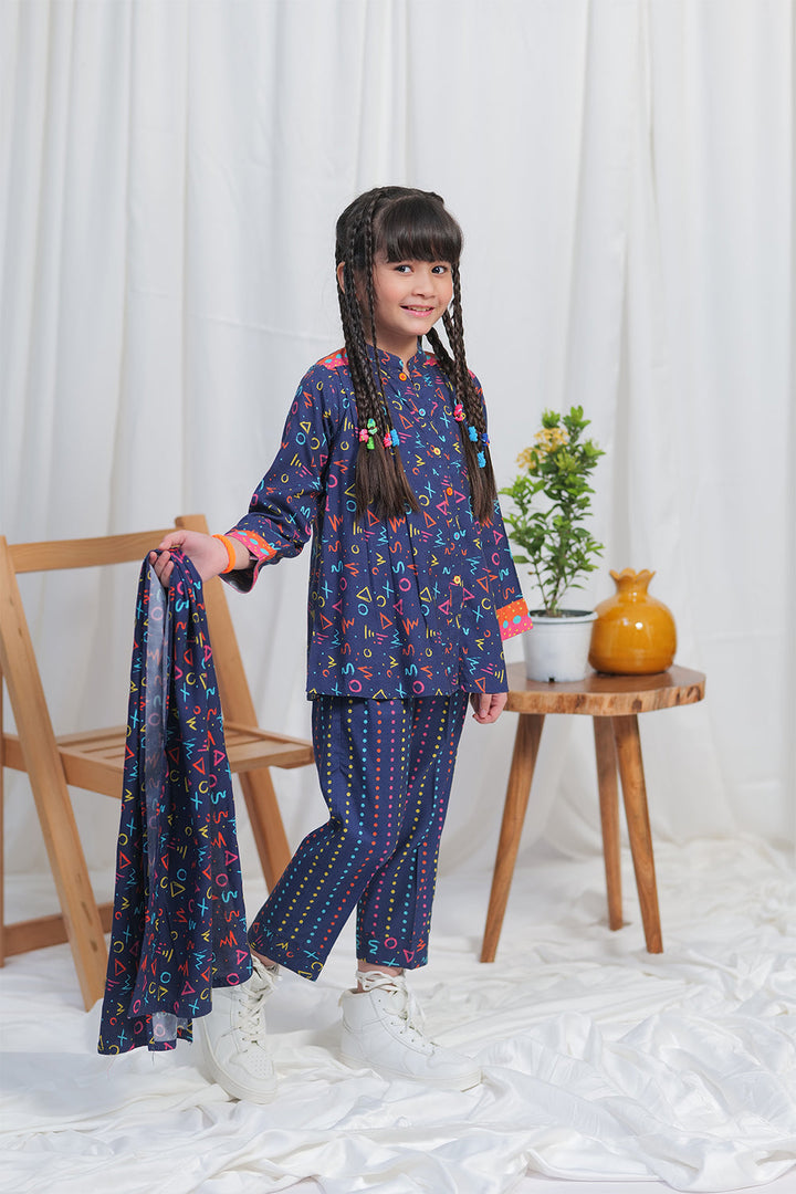 Senorita Kids RTW N.Blue and Multicolor Casual 3 Piece Suit Viscose Acrylic Linen Printed KAD-02108 - Winter Collection